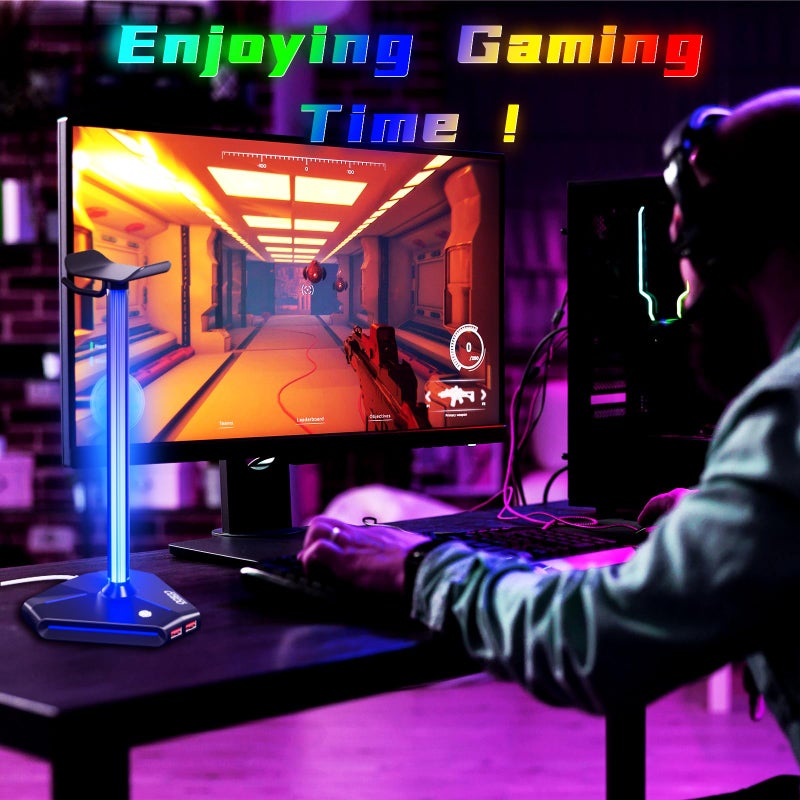 cozoo RGB Headphone Stand with 2 USB2.0 Extension Charging Port Extender Cord,Headset Stand Holder for Gamer Desktop Table Game Earphone Accessories,PC Gaming Accessories for Gamer,Gifts for Boyfriend - Image 4